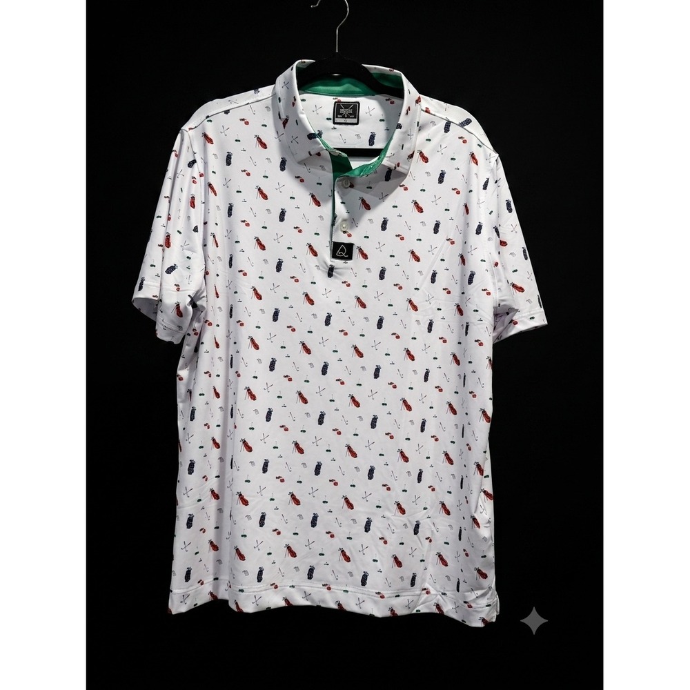 Deolax Mens Golf Polo Shirt White Golf Bag Print Performance Stretch XL